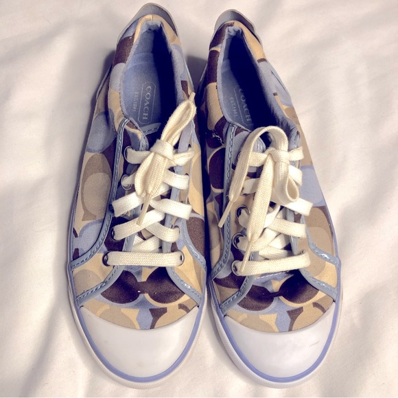 Coach Barrett blue tan low top canvas signature C print sneakers - Picture 2 of 10